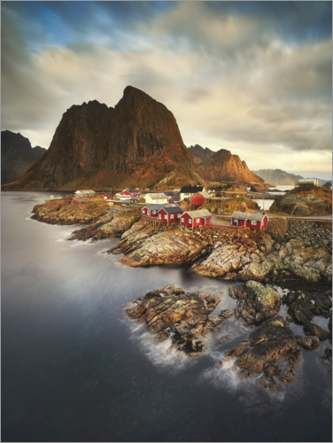 Poster Rote Fischerhäuser in Hamnoy, Norwegen