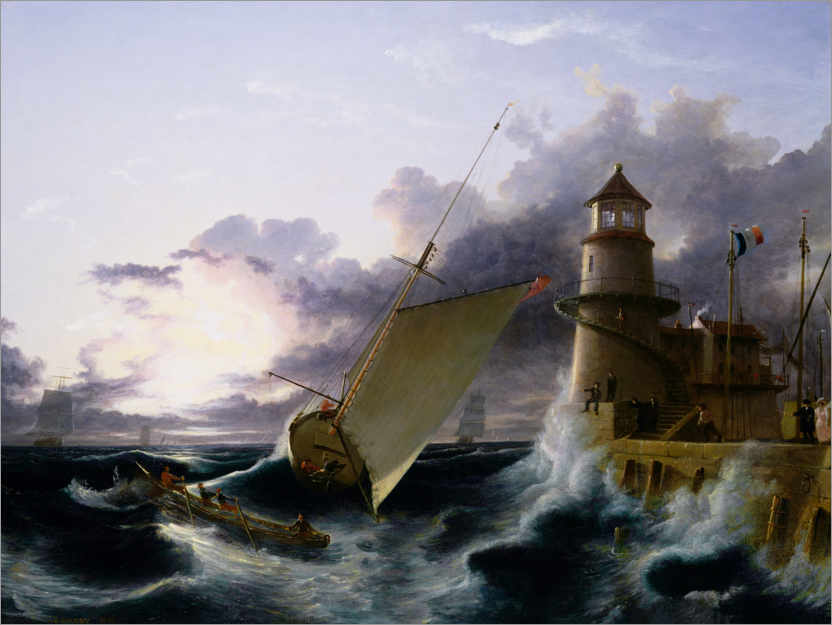 Poster Boot am Leuchtturm, eine Böe tritt auf