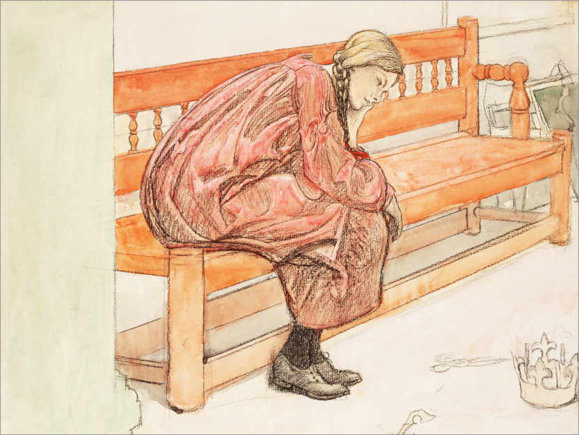 Poster Dagmar Grill auf einer roten Bank sitzend