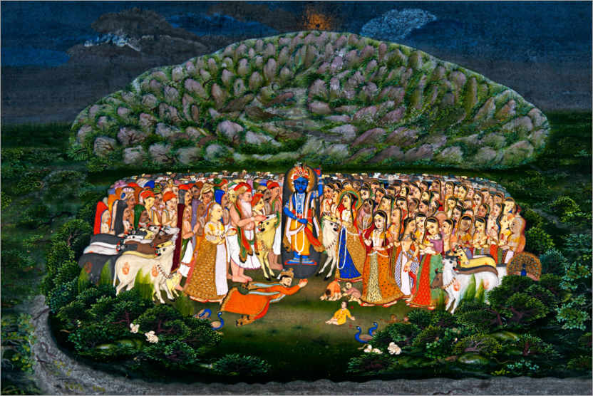 Poster Krishna hebt den Berg Govardhan