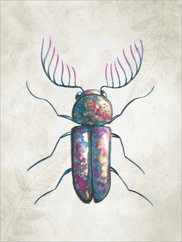 Poster Bunter Käfer mit hellem Hintergrund des Farns