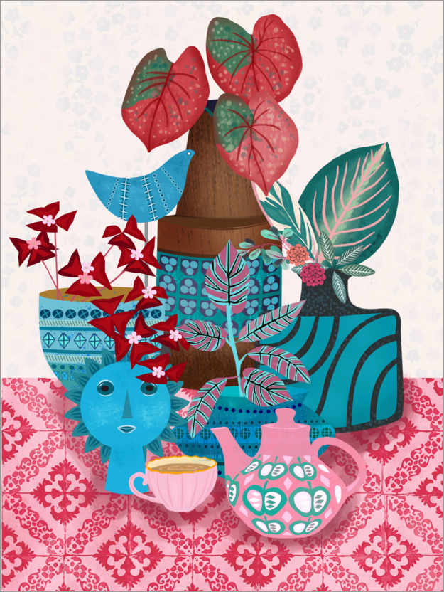Poster Blaue Bitossi-Gefäße mit rotem Laub