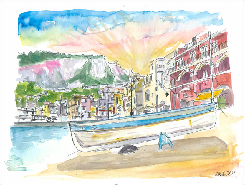 Poster Marina Grande Boot und Hafen-Szene auf Capri Insel in Italien