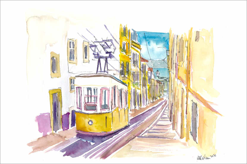 Poster Lissabon Klassische unvergessliche gelbe Straßenbahn Tour