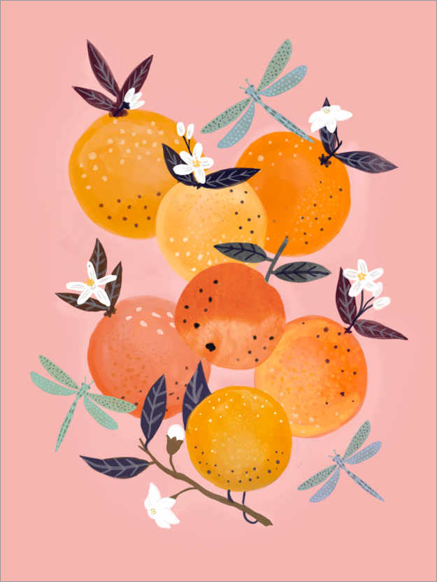 Poster 7 Orangen und 3 Libellen
