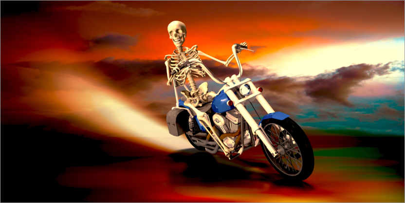 Poster Skelett mit Motorrad feuerspeiend in der Nacht