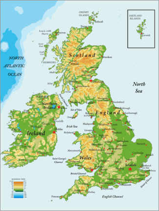 Leinwandbild  Topografische Karte von Großbritannien und Irland (Englisch)