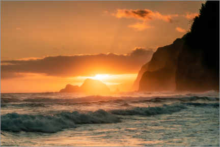 Leinwandbild  Sonnenaufgang an der Küste von Hawaii - Road To Aloha