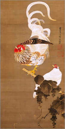 Poster  Henne und Hahn mit Weinrebe - Itô Jakuchu