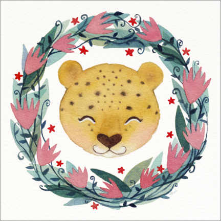 Poster Babyleopard mit Blumenkranz