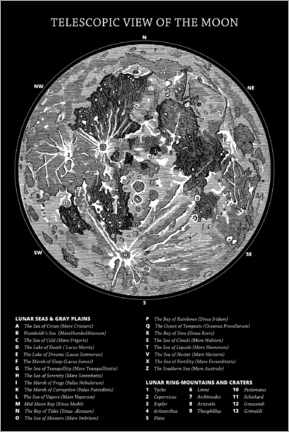 Leinwandbild  Mondkarte (englisch, schwarz) - Vintage Educational Collection