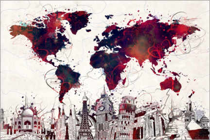 Poster Weltkarte Skyline rot