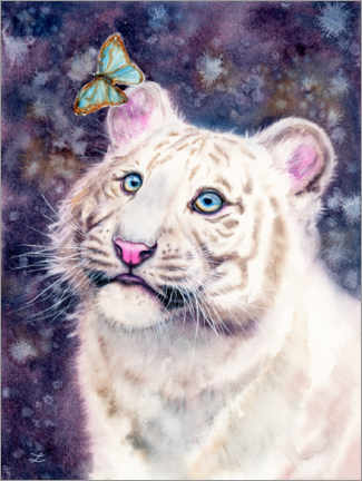 Gallery Print  Weißes Tigerjunges und Schmetterling - Zaira Dzhaubaeva