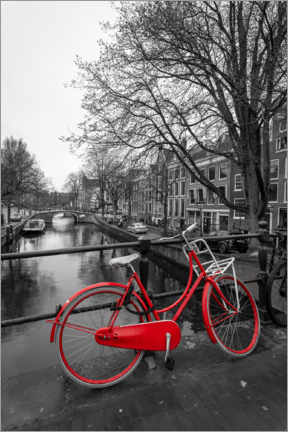 Poster Rotes Fahrrad am Kanal, Amsterdam