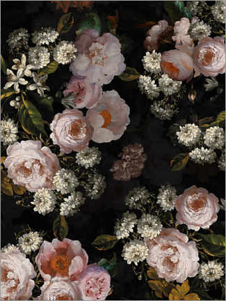 Poster Holländische Vintage Rosen auf Schwarz