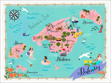 Leinwandbild  Illustrierte Karte der Balearen - Elisandra Sevenstar