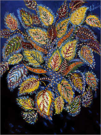Holzbild  Gesprenkelte Blumen auf blauem Grund - Séraphine Louis