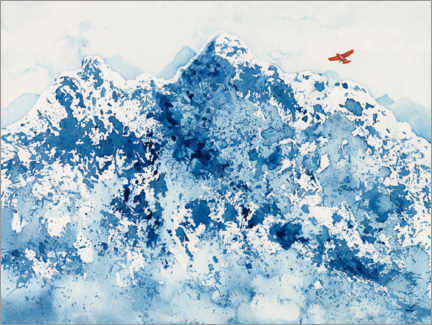 Holzbild  Rotes Flugzeug über verschneiten Bergen - Zaira Dzhaubaeva
