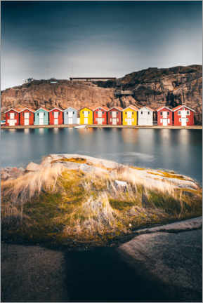 Poster Schweden, bunte Fischerhäuser am Meer