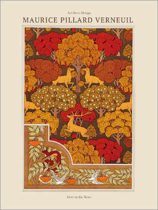 Poster  Tapetendesigns und Tapetenbordüre Hirsch in den Bäumen und Eichhörnchen mit Vögeln und Eberesche - Maurice Pillard Verneuil