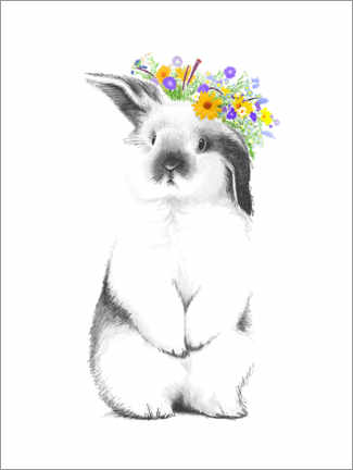 Holzbild  Kaninchen mit Blumenkranz - Nikita Korenkov