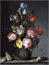 Holzbild  Blumen in einer Vase mit Muscheln und Insekten - Balthasar van der Ast