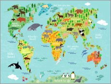 Poster Weltkarte der Tiere (Dänisch)