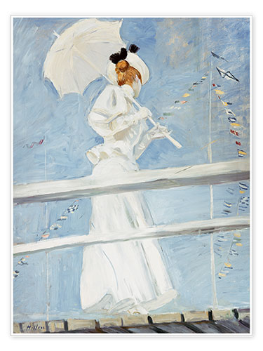 Poster Junge Frau mit Regenschirm am Pier