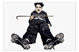 Poster Charlie Chaplin mit Rollschuhen