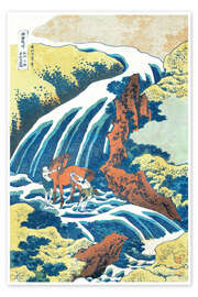 Poster  Zwei Männer waschen ein Pferd an einem Wasserfall - Katsushika Hokusai