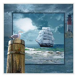 Poster Collage mit Segelschiff