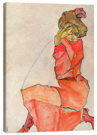 Leinwandbild  Kniendes Mädchen in orange-rotem Kleid - Egon Schiele
