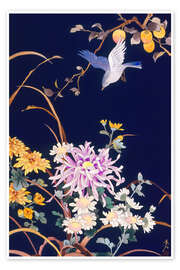Poster Orientalische Blumen und Vogel