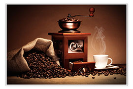 Poster Kaffee Mühle mit Bohnen und Tasse