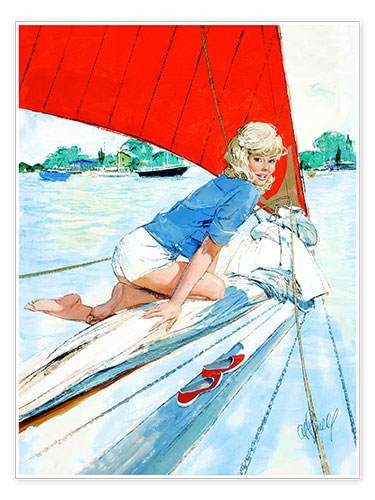 Poster Blondes Pin Up auf Segelboot