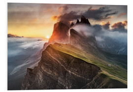 Hartschaumbild  Sonnenaufgang in den Dolomiten bei Seceda - Andreas Wonisch