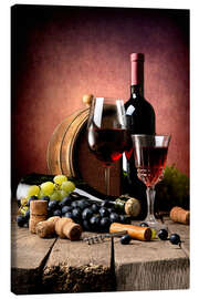 Wallario Leinwandbild 30 x 75 cm Rotwein Nacht Rotwein Glas Flasche schwarz weiß