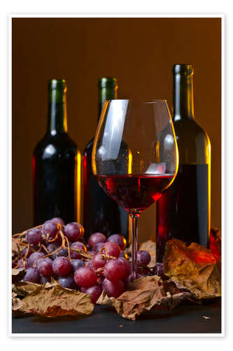 Poster Rotwein mit Trauben und Weinblättern