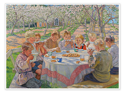 Poster Kindergruppe im Garten mit blühenden Apfelbäumen