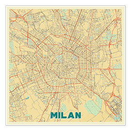 Poster Karte von Mailand, Retro