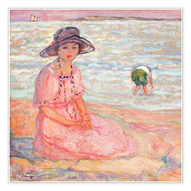 Poster Frau im rosafarbenen Kleid am Meer