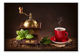 Poster Kaffeemühle mit Bohnen und grünen Blättern und einer Tasse Kaffee