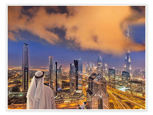 Poster Arabischer Mann blickt über Dubai