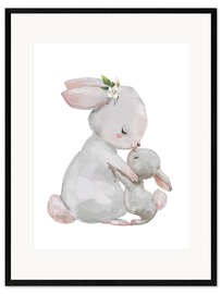 Gerahmter Kunstdruck  Süße weiße Häschen - Mutter mit Kind - Eve Farb