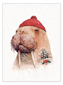 Poster  Tätowiertes Walroß mit roter Mütze - Animal Crew