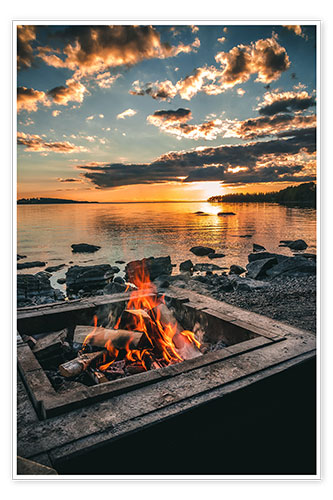 Poster Lagerfeuer am See, Schweden