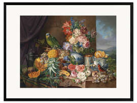 Gerahmter Kunstdruck  Stillleben mit Früchten Blumen und Papagei - Joseph Schuster