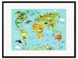 Gerahmter Kunstdruck  Weltkarte mit Tieren (Englisch) - Kidz Collection