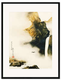 Gerahmter Kunstdruck  Landschaft mit Wasserfall und Vogel - Shibata Zeshin